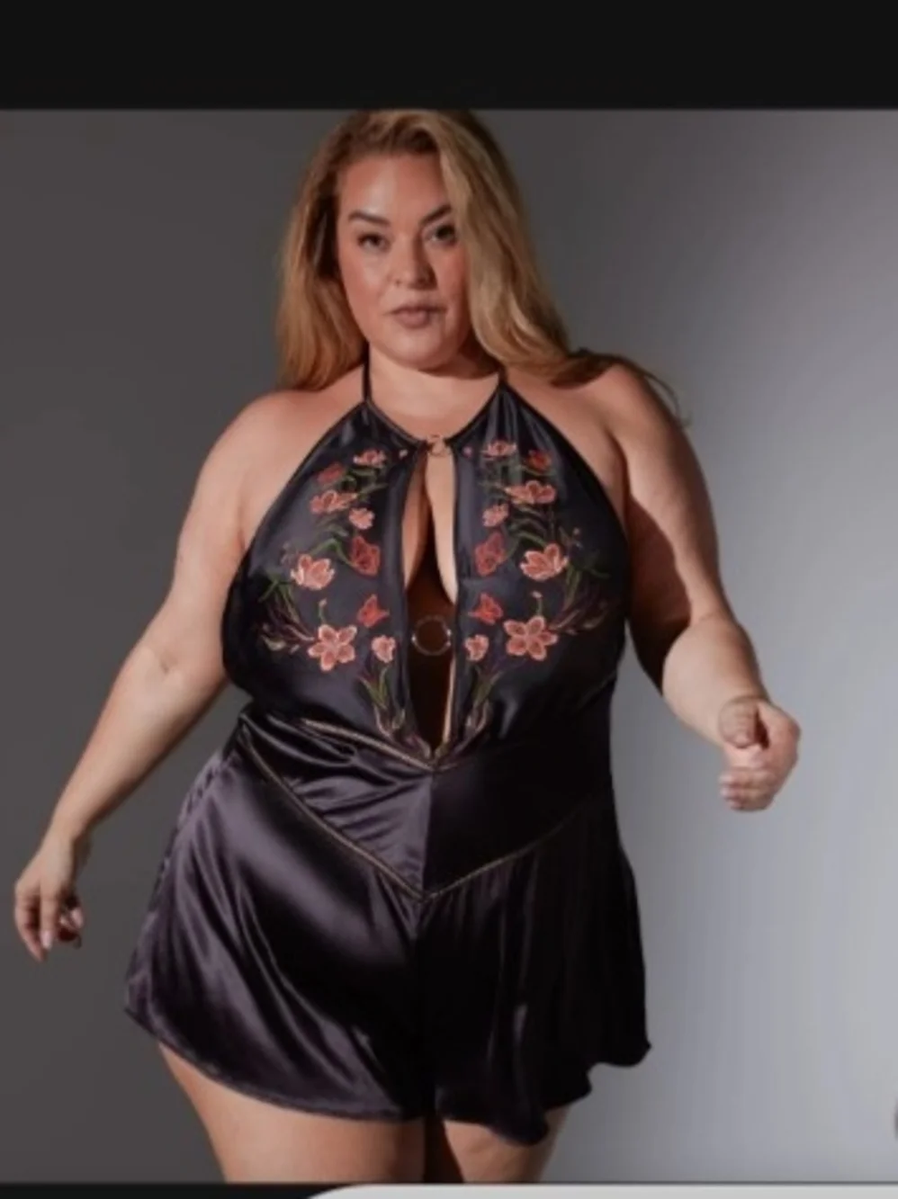 Thistle and Spire Black Satin Halter Romper with Pink Floral Embroidery